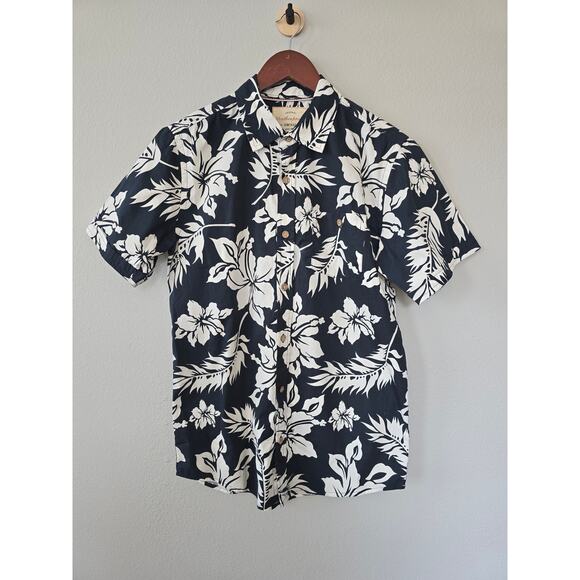 Weatherproof Vintage Navy Blue White Floral Hawaiian Shirt Men’s Size S Viscose - Picture 1 of 10